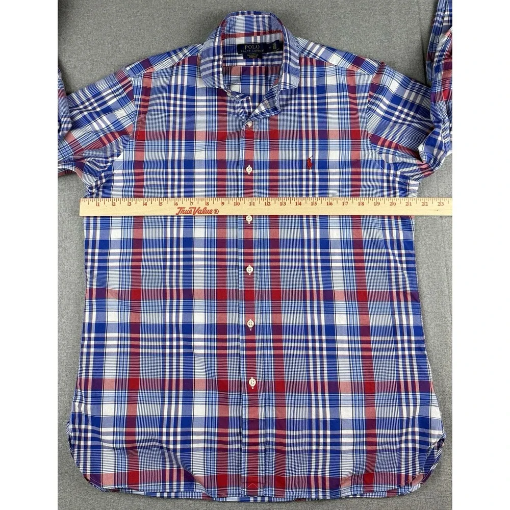 Polo Ralph Lauren Custom Fit Stretch Plaid Shirt Men's Medium Red Blue Cotton